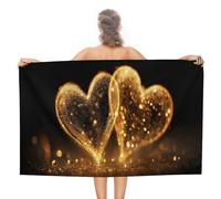 Serviette de plage en microfibre avec deux cœurs dorés brillants et pailletés, anti-sable, grande serviette de douche multi-usages absorbante pour salle de bain et piscine, 130 x 80 cm