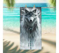 Serviette de plage en microfibre motif loup mystique gris blanc, séchage rapide, absorbante, douce, légère, anti-sable, pour piscine, salle de sport, 177,8 x 88,9 cm