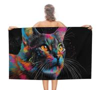 Serviette de plage en microfibre sans sable - Portrait de chat peint au néon - Grande serviette de douche multi-usages absorbante pour salle de bain et piscine - 130 x 80 cm