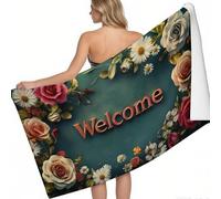 Serviette de Plage Légère Roses et chrysanthèmes en Microfibre 140 x 70 cm Vert Foncé Anti-Sable Séchage Rapide Accessoire Essentiel Vacances