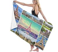 Serviette De Plage Microfibre,Belles Photos De La Tour Eiffel De Paris Et d'autres Lieux Et Monuments Célèbres De Paris Grande Serviette De Plage Légère De Drap De Bain Parfaite pour Les Sports D