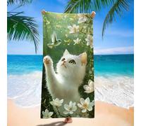 Serviette de Plage Microfibre, Serviette de Plage Compacte, Peu Encombrante, Sable, Séchage Rapide, Ultra-absorbante, Classique Blanc Chat Modèle, Serviettes Natation pour Adultes 70x140 cm d9j-20