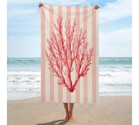 Serviette de plage minimaliste en microfibre anti-sable avec motif de branche de corail rose aquarelle avec rayures - Grande serviette de douche absorbante pour salle de bain et piscine - 130 x 80 cm