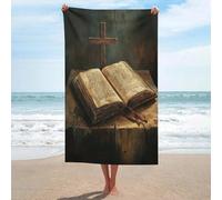 Serviette de plage rétro Bible ouverte sur une table avec une croix en microfibre anti-sable Grande serviette de douche multi-usages absorbante pour salle de bain piscine 130 x 80 cm