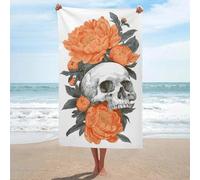 Serviette de plage simple en microfibre anti-sable avec motif tête de mort et pivoines oranges - Grande serviette de douche multi-usages absorbante pour salle de bain et piscine - 130 x 80 cm