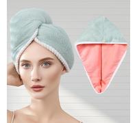 Serviette de séchage des cheveux avec bouton en microfibre - Turban pour après-douche - Double couche - Rose vert