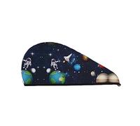 Serviette de séchage des cheveux imprimée d'astronaute de fusée de l'espace extra-atmosphérique Bonnet de cheveux secs en velours de corail absorbant à séchage rapide avec bouton fixe pour sécher le