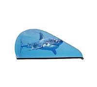 Serviette de séchage des cheveux imprimée Ocean Sharks Bonnet pour cheveux secs en velours corail absorbant à séchage rapide avec bouton fixe pour sécher les cheveux longs et épais