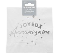 Serviette de table Joyeux Anniversaire blanche et argentée métallisée (x24) REF/STAM00A
