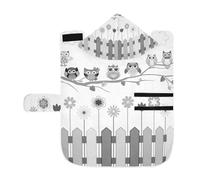 Serviette douce pour chiens et chats - Peignoir de bain absorbant avec capuche réglable et sangle ventrale - Taille M - Noir et blanc - Hiboux sur une branche nuage au-dessus d'une clôture avec fleurs