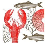 Serviette jetable Paviot blanche impression homard et poissons
