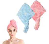 Serviette Microfibre Cheveux Bouclés Super Absorbants, Séchage Rapide Avec Boutons, Anti-Frisottis, Rose + Bleu