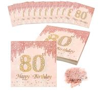 Serviette Papier Deco Anniversaire 80 ans, 40 Pièces Papier Table Serviette Rose avec Confettis, 33 x 33 cm 2 Plis serviette papier rose pour Fêtes Decoration Table Anniversaire 80 Femmes(Rose Gold)
