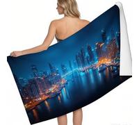 Serviette Plage Compacte Microfibre Vue Nocturne de la Marina de Dubaï 180 x 90 cm Bleu Ultra Absorbante Anti-Sable Séchage Rapide Peu Encombrante