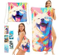 Serviette Plage Microfibre,Serviette De Plage Sac À Dos Avec Rangement,140x70 Cm Drap De Plage,Grande Serviette De Plage À Séchage Rapide,Anti Sable Portable Légère(Chien Souriant)