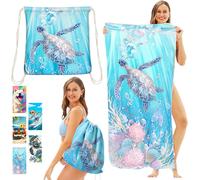 Serviette Plage Microfibre,Serviette De Plage Sac À Dos Avec Rangement,140x70 Cm Drap De Plage,Grande Serviette De Plage À Séchage Rapide,Anti Sable Portable Légère(Tortue Bleue)