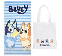 Serviette pour enfant Bluey et Bingo en microfibre imprimée souriante 100 % polyester 70 x 140 cm + sac de plage en tissu cadeau pour enfants été vacances | Produit officiel Ludo BBC Studio