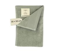 Serviette pour invités Jean & Len en coton biologique 100%, couleur sauge, avec crochet, certifiée OEKO-TEX et GOTS, étiquette de la marque en cuir vegan, serviettes pour invités 30 x 50 cm