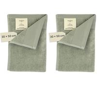 Serviette pour invités Jean & Len en coton biologique 100%, couleur sauge, avec crochet, certifiée OEKO-TEX et GOTS, étiquette de la marque en cuir vegan, serviettes pour invités 30 x 50 cm (Lot de 2)