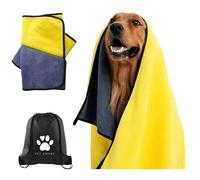 Serviette ultra absorbante pour chien XL - 140 x 70 cm - Microfibre polaire douce - Séchage rapide - Apaisante - Avec sac à cordon de serrage - Jaune/gris