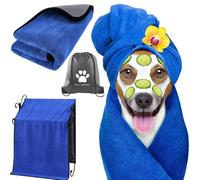 Serviette ultra absorbante pour chien XL - 140 x 70 cm - Microfibre polaire douce - Séchage rapide - Apaisante - Avec sac à cordon de serrage - Bleu/gris