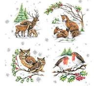 Servietten Tiere 20 Serviettes Famille Animaux Hiver | Fuchs | Eule | Reh | Hirsch | Oiseaux 33x33cm - 3 Couches - Biodégradable - Fabriqué en Europe