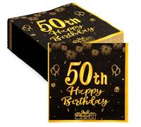 Serviettes Anniversaire 50 Ans, Scettar 60 Pièces Papier serviette de Table Serviette Vaisselle Jetable, Serviette Papier Noir Gold, Serviettes pour Fêtes Joyeux Anniversaire Decoration