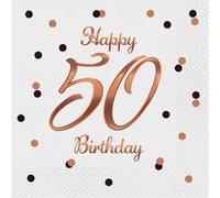 Serviettes d'anniversaire B&C "50 ans de joie" - blanches avec impression rose et or, 33x33 cm, 20 pièc. Parfaites pour votre 50e anniversaire inoubliable !