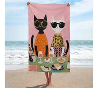 Serviettes de bain lavables GSM, absorbantes, motif chats chics profitant d'une escapade gourmande. Idéales pour la salle de bain, la plage, le spa, la salle de sport et l'hôtel. Taille unique.