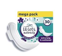 Serviettes de maternité Lil-Lets, serviettes très longues et épaisses x 30, avec ailes, 3 paquets de 10 articles essentiels pour la période post-partum et après la naissance (l'emballage peut varier)