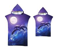 Serviettes de Plage D'animaux Marins Peignoir à Langer en Microfibre Poncho Parent-enfant Serviette de Bain à Capuche Filles Garçons,Motif Arc-en-ciel de Corail Dauphin 3D (Couleur 2,Adult 75x110cm)