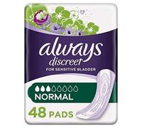 Serviettes d'incontinence Always Discreet pour femmes, normales, 48 serviettes à absorption modérée (12 x 4 paquets), neutralisant les odeurs, discrètes et flexibles, pour vessie sensible