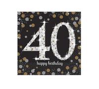 Serviettes en papier - 40ème anniversaire - Noir et or - Paquet de 16 - 33 cm - Adulte