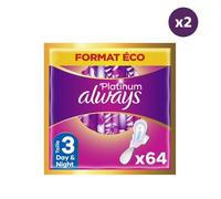 Serviettes Hygiéniques Always Platinum - Nuit - 2x64 - Barrière Anti-Fuites - Flux Moyen