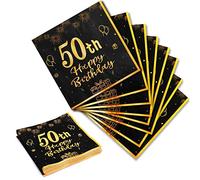 Serviettes Joyeux 50 ans Anniversaire, 20 Feuilles Happy Brithday Serviette Papier Noir Or, 30cmx30cm Serviette de Table Papier, Decoration Fête Anniversaire pour Homme Femme Garçon Fille
