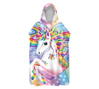 Serviettes Poncho Enfant Fille Adulte Femme Licorne Arc-en-Ciel Motif Robe Surf Poncho Capuchon Poncho De Bain Long Natation Microfibre Serviettes De Plage Peignoir (Couleur,70X85 cm 6-12 Ans)