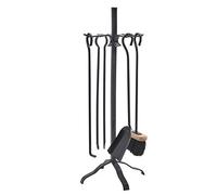 Serviteur de cheminée acier | 4 accessoires | Socle + pelle + balayette + tisonnier + pince | Kibros 4SC0581b