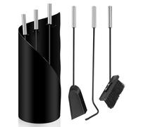 Serviteur de cheminée moderne 4 pièces, noir avec poignées en acier inoxydable, serviteur de cheminée avec balai, pelle, crochet en fer, support