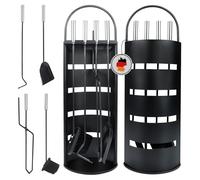 Serviteur de cheminée noir moderne - Lot de 4 accessoires de cheminée avec support rond | Serviteur de cheminée en métal de qualité supérieure pour cheminée et poêle | Élégant, robuste et durable