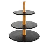 APS Etagere à 3 niveaux, assiettes en ardoise, Ø 30 cm, Ø 25 cm, Ø 20 cm, H:34 cm, bois d'acacia