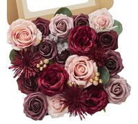 Serwalin Fleurs artificielles en soie bordeaux pour décoration de mariage, fausses roses et rouges avec tiges et boîte de verdure pour bouquet de mariée, centres de table, fleurs pour fête, fête