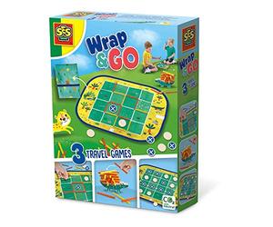 SES Creative 02235 - Wrap&Go jeux de voyage - Puissance quatre - Pipopipette - Le petit crocodile, 3 en 1, grand plateau de jeu, pièces en bois pour les différents jeux