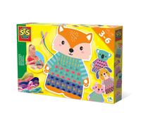SES Creative 14025 - Tisser les animaux XL, 4 grandes cartes d'animaux à tisser avec les aiguilles à tisser en papier, rubans en 6 couleurs