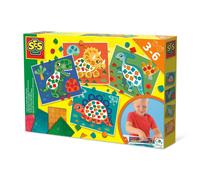 SES Creative 14641 - J'apprends la mosaïque - Dinosaures, 4 grandes cartes de dino avec des autocollants métalliques, set complet pour les enfants