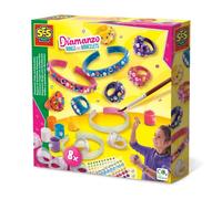 SES Creative | Kit Bijoux à Décorer Diamanzo pour Enfant 8 Ans+ | 6 Bagues + 2 Bracelets à Peindre | Peinture, Diamants, Perles, Pinceau | Activité Créative Motricité Fine