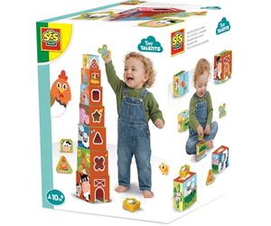 SES Creative -Tiny Talents-Torre de bloques apilables et trieur de Formes 2 en 1 - Animaux de la Ferme-Paquet de Saut-Illustrations Modernes et colorées
