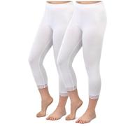 SES Lot de 2 leggings Capri avec dentelle - 32-34 - 56-58 - En coton - Legging opaque avec dentelle - Legging 3/4 - En coton - Avec dentelle - Ajustement parfait, Blanc., 58-60