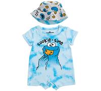 Sesame Street Cookie Monster Infant Baby Boys Romper and Hat Tie Dye Blue/Gray 12 Months