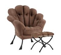 SESHINELL Fauteuil de relaxation en forme de fleur avec tabouret, fauteuil lounge avec cadre en métal, fauteuil de lecture pour salon, chambre à coucher, dressing, marron foncé