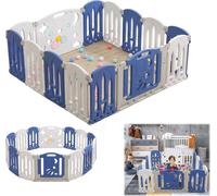 Sessamen-LP Parc bébé Barrière de sécurité pliable Centre d'activités en plastique avec porte et tableau de jouets Aire de jeux de sécurité pour enfants, blanc et bleu(14 pièces)